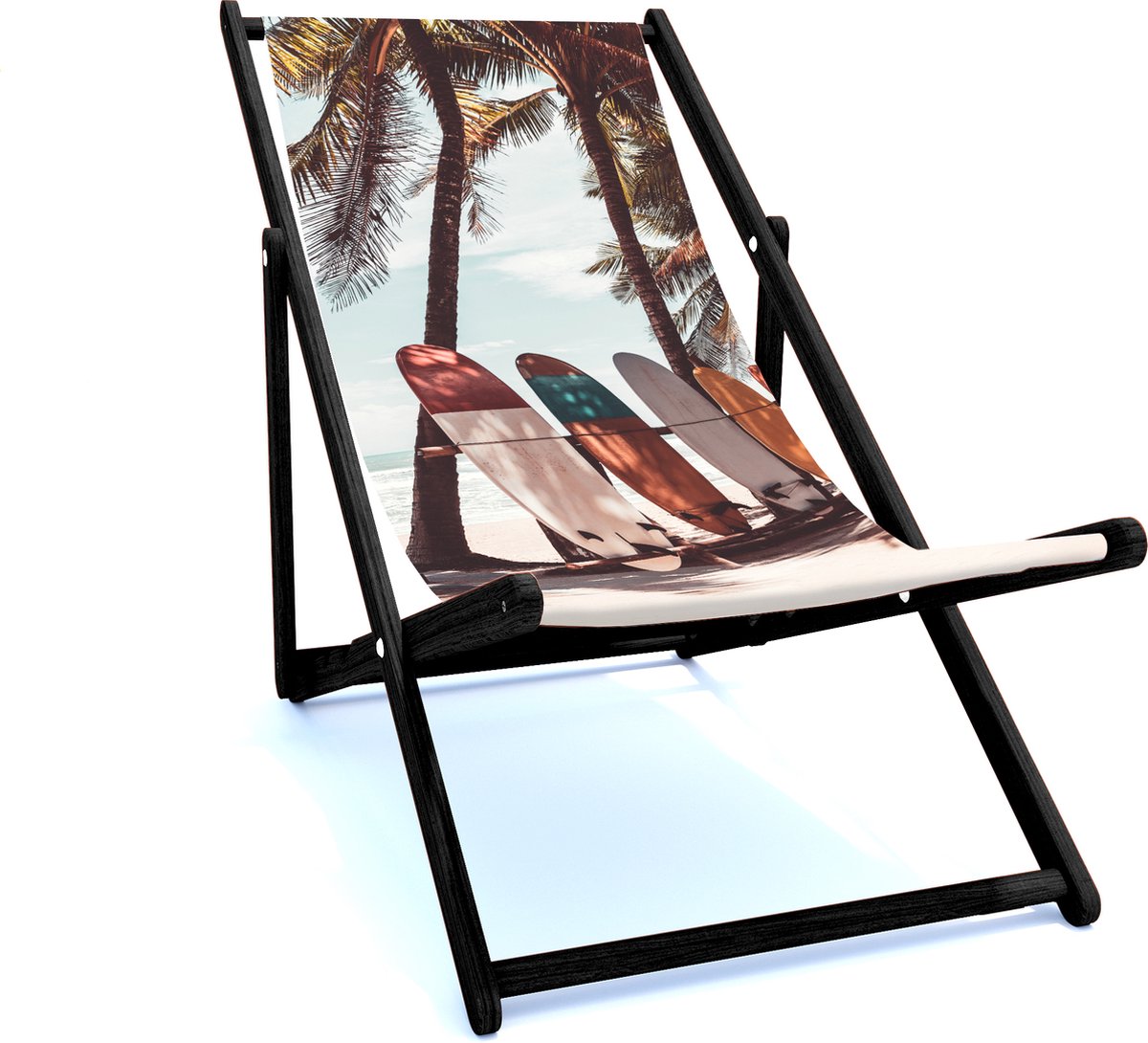 Holtaz Strandstoel Hout Inklapbaar Comfortabele Zonnebed Ligbed met verstelbare Lighoogte met stoffen Surfing zwart houten frame