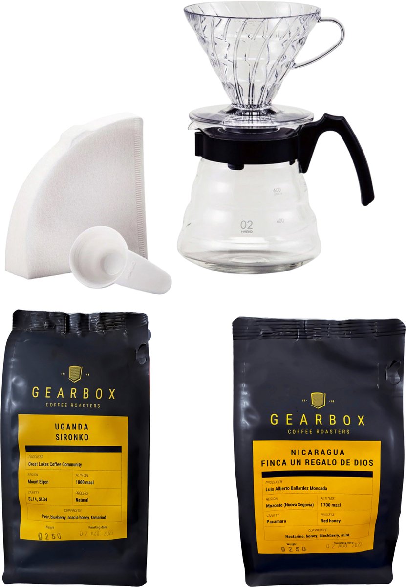 Koffie Cadeaupakket - Gearbox Speciality Coffee Nicaragua en Oeganda + Hario V60 Kit - Proefpakket voor koffieliefhebbers