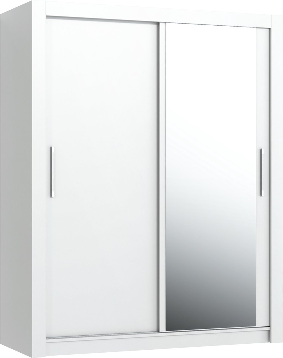 Pro-meubels - Kledingkast Miami - Wit - 160cm - Met spiegel - Garderobekast - Slaapkamer - Schuifdeur