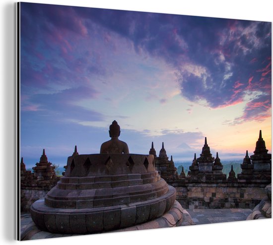 Wanddecoratie Metaal - Aluminium Schilderij Industrieel - Borobudur bij zonsopkomst - 120x80 cm - Dibond - Foto op aluminium - Industriële muurdecoratie - Voor de woonkamer/slaapkamer