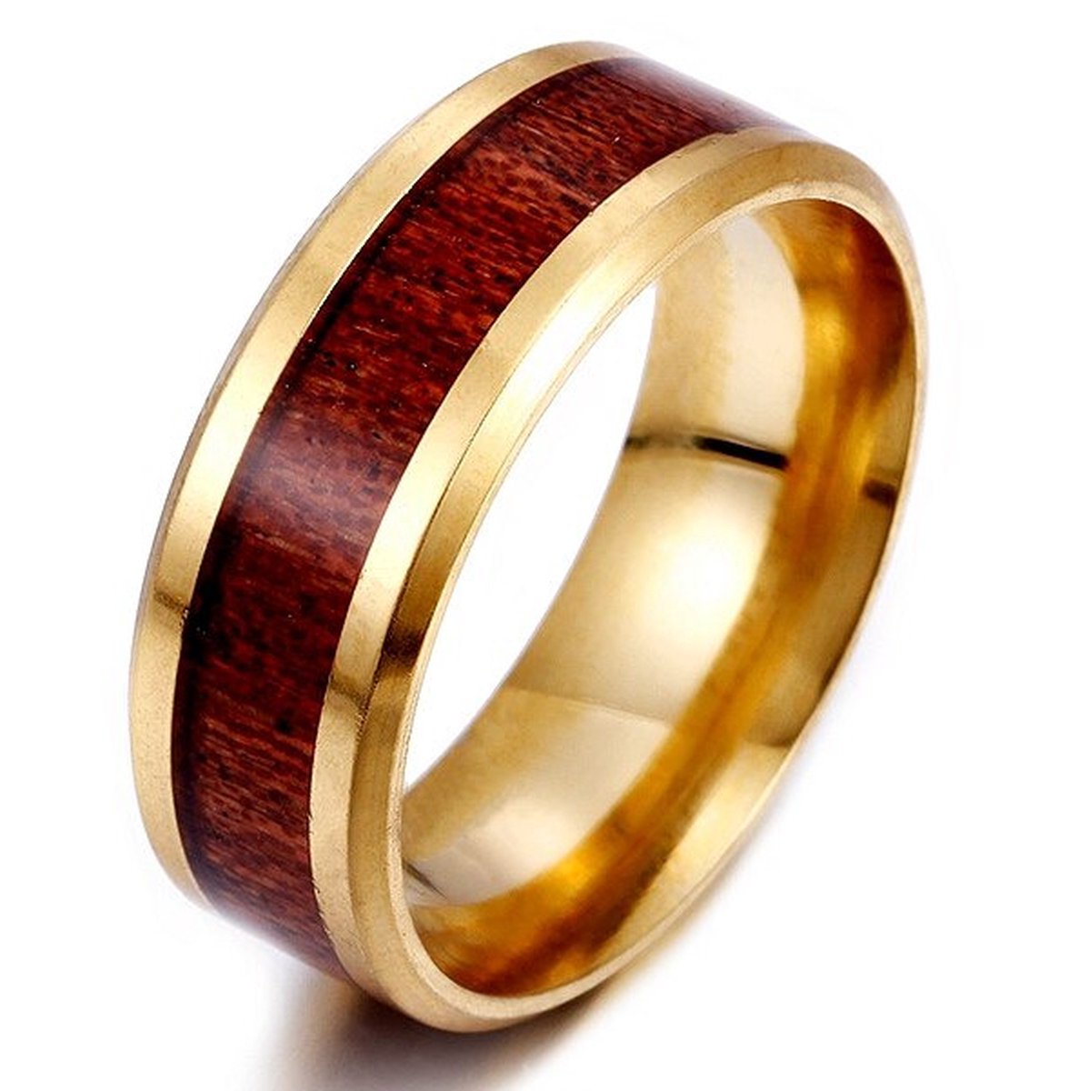 Heren Ring Goud kleurig ingelegd met Hout - Ringen Mannen Dames - Staal - Papa Cadeau Voor Mannen - Vaderdag