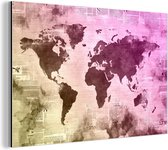 Wanddecoratie Metaal - Aluminium Schilderij Industrieel - Wereldkaart - Geel - Paars - 60x40 cm - Dibond - Foto op aluminium - Industriële muurdecoratie - Voor de woonkamer/slaapkamer