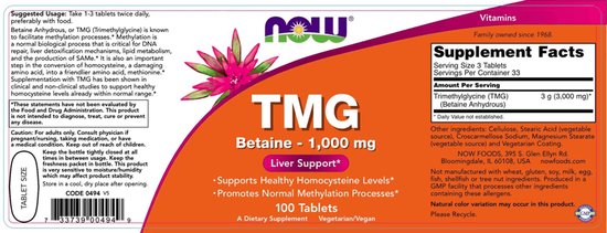 Now Foods TMG - Betaine 1000mg (100 Tabs) Unflavoured - Acides Aminés - Foto 8