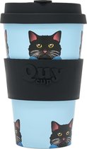 Quy Cup 400ml Ecologische Reis Beker - "PIPPO, DE ZWARTE POES" - BPA Vrij - Gemaakt van Gerecyclede Pet Flessen met Zwarte Siliconen deksel