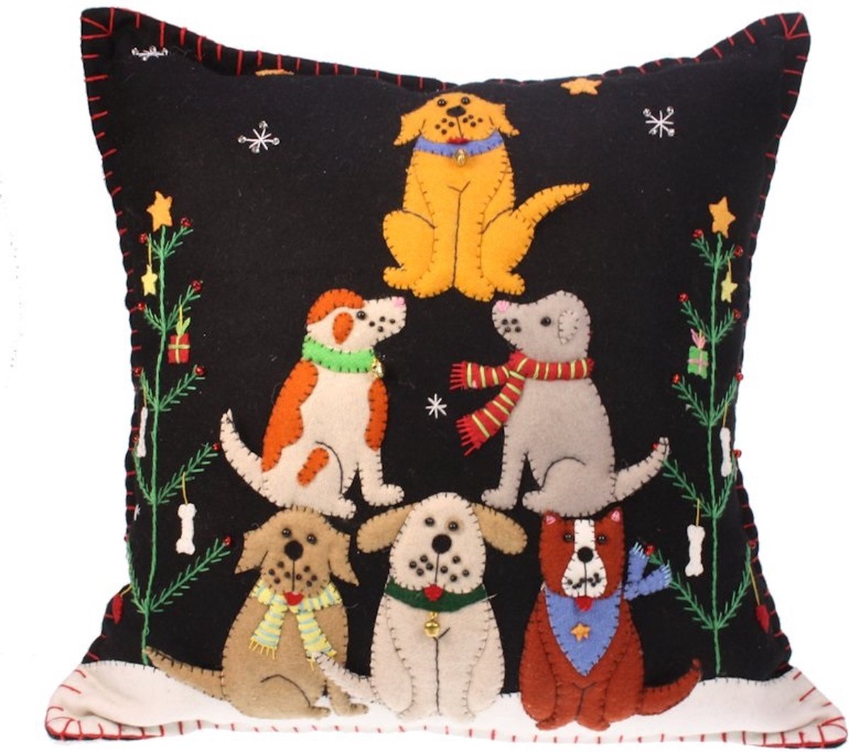 Kussen honden met sjaal, vilt incl. vulling 35x14x40cm