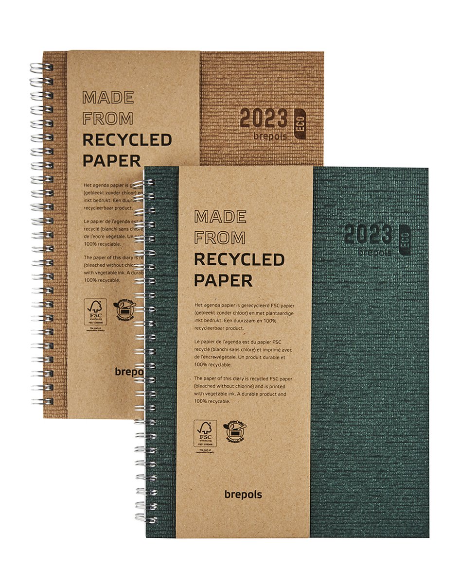 Brepols Agenda 2023 - Ecotiming - KAZAR - Gerecycleerd papier - Wire-O - 17,1 x 22 cm - Groen