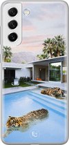 Hoesje geschikt voor Samsung Galaxy S21 FE - Tijger zwembad - Soft Case - TPU - Print - Blauw - ELLECHIQ