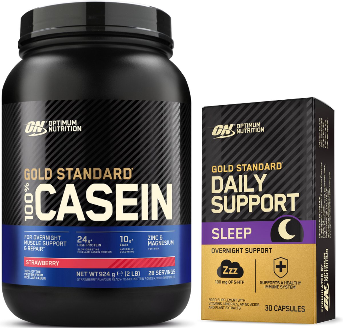 Optimum Nutrition Gold Standard 100% Casein Bundel - Strawberry 100% Caseine Time Release Proteine Poeder + Daily Support Sleep - 28 shakes (924 gram) / 30 caspsules