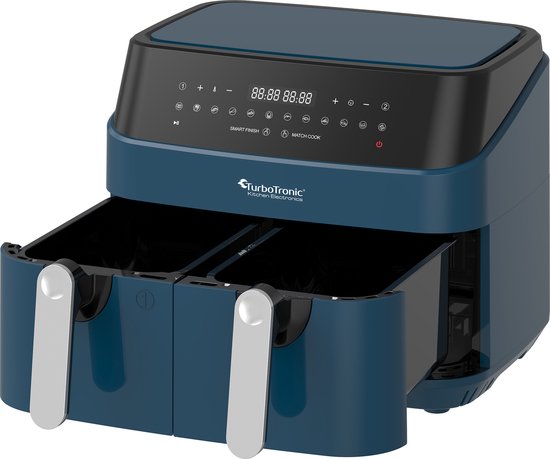 TurboTronic Friteuse à Air Chaud Double XXL Numérique, 9 L (2 X 4,5 L Double Chambre), 12 Programmes, Airfryer, Friteuse Sans Graisse (gris