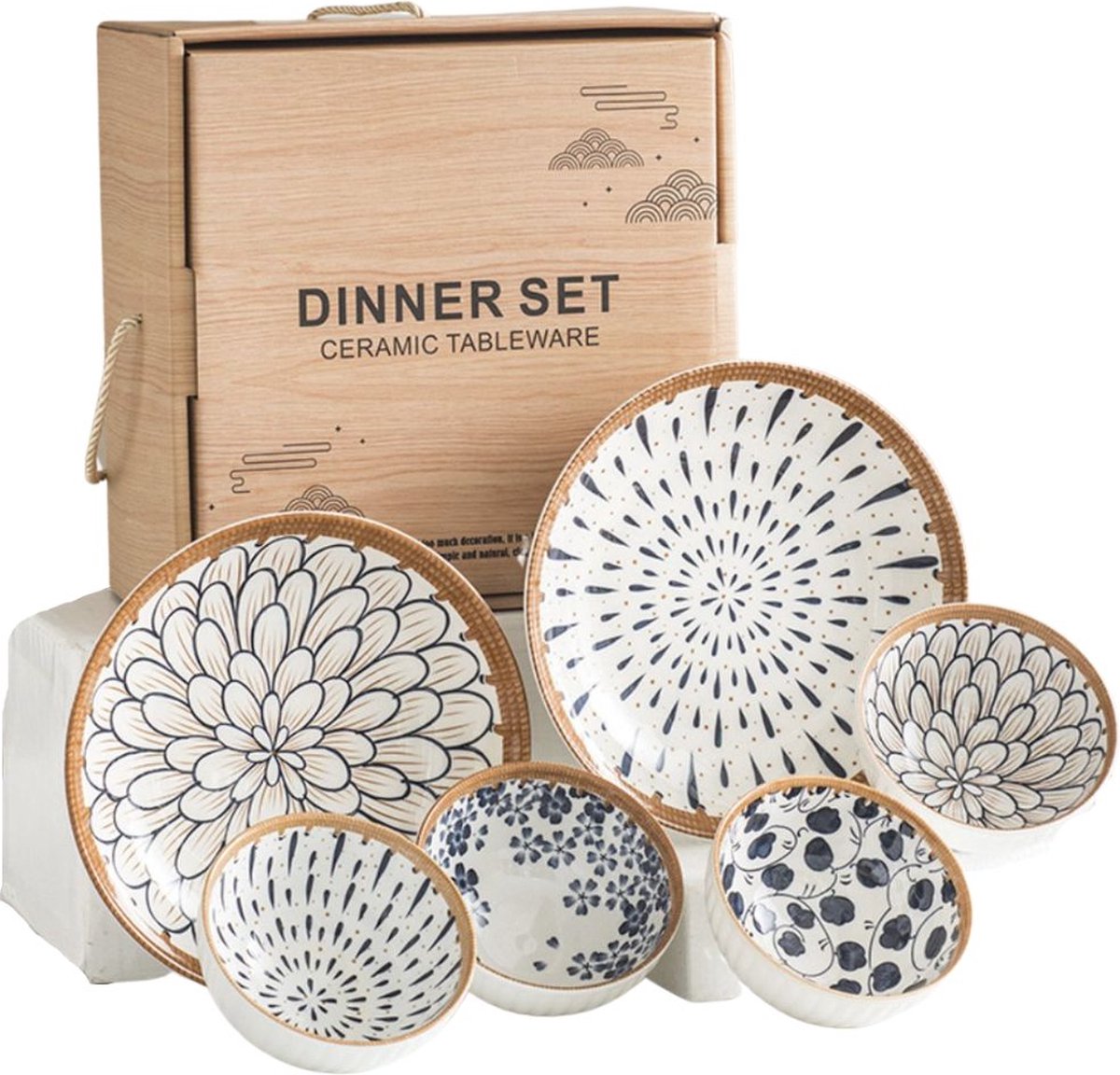 Winkrs | Chinese Servies set met 4 kommetjes & 2 borden | Keramieke kommen voor o.a. rijst saus en sushi - Schaaltjes -Bakjes