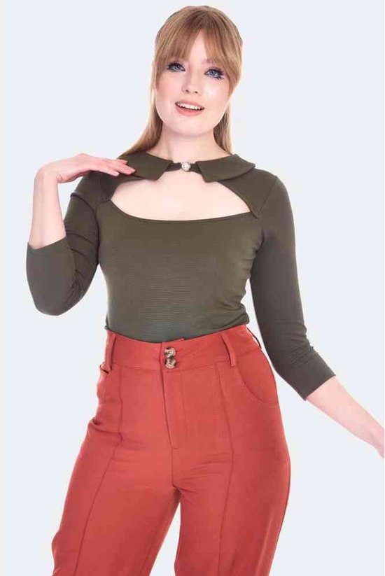 Voodoo Vixen - 60s Style Cut Out Collared Top - L - Groen