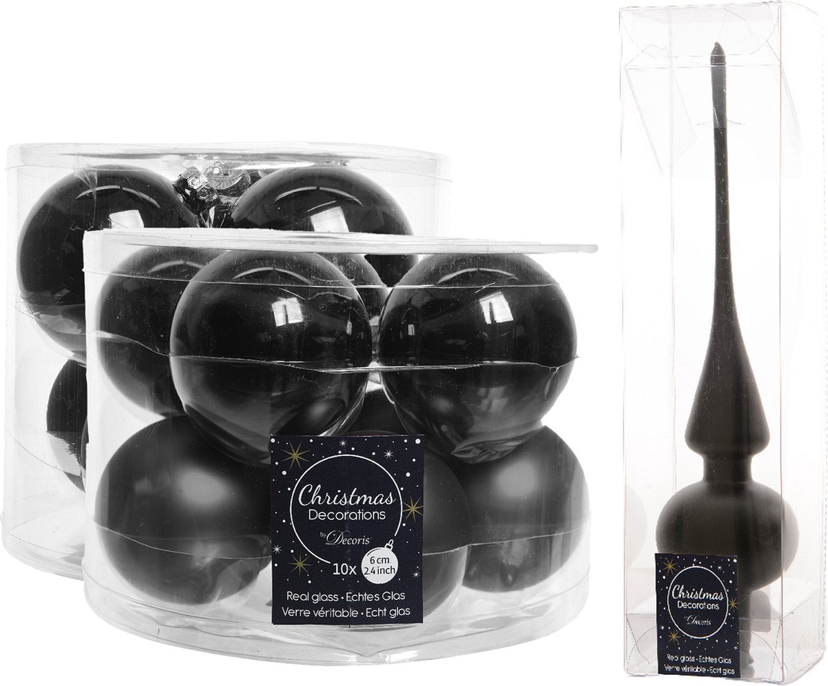 Compleet glazen kerstballen pakket zwart glans/mat 32x stuks met piek mat - 20x 6 cm - 12x 8 cm