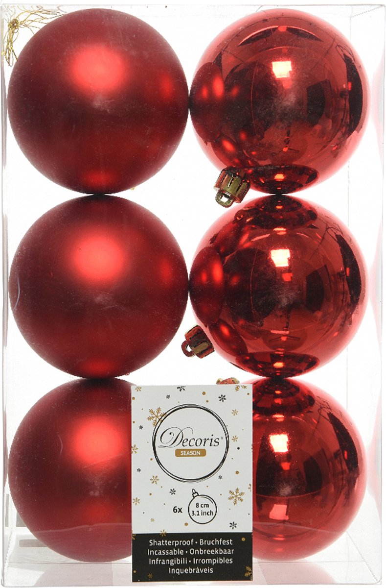 Decoris Kerstballen - 6x st - rood - D8 cm - kunststof - mat/glans - kerstversiering