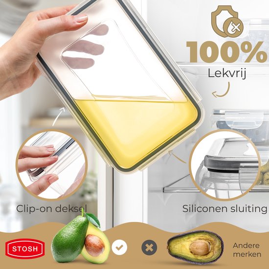 Lekvrije STOSH vershouddoos met clip-on deksel en siliconen sluiting, gevuld met gele vloeistof.