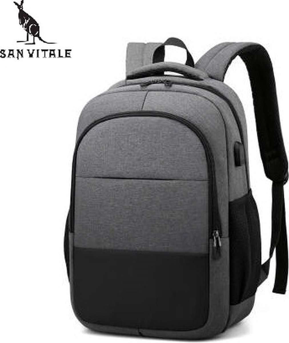 San Vitale® - Rugzak 2.0 met USB poort - Schooltas - 15 inch Laptop Rugtas - Dames/Heren - 20L - Waterafstotend - Grijs