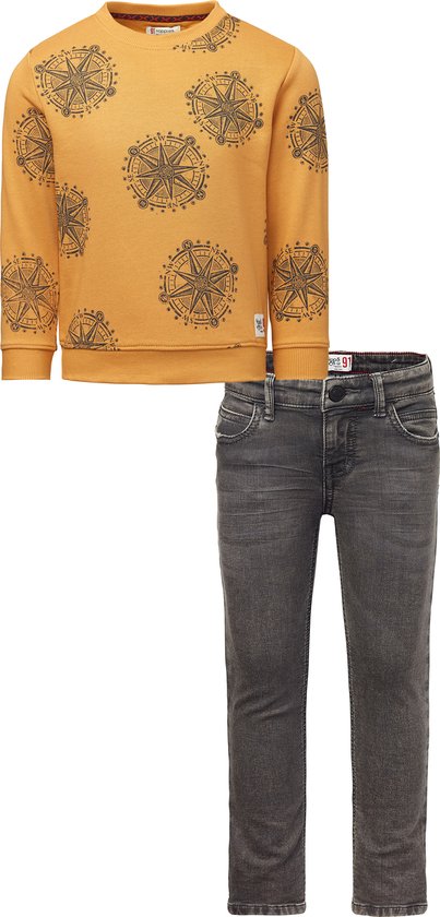 Noppies - Kledingset - 2delig - Broek Denim Slim Fit Grey Wash Geleen - Sweater Gaya Amber Gold - Maat 128