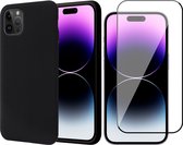 Hoesje geschikt voor iPhone 14 Pro Max - Matte Back Cover Microvezel Siliconen Case Hoes Zwart - Full Tempered Glass Screenprotector