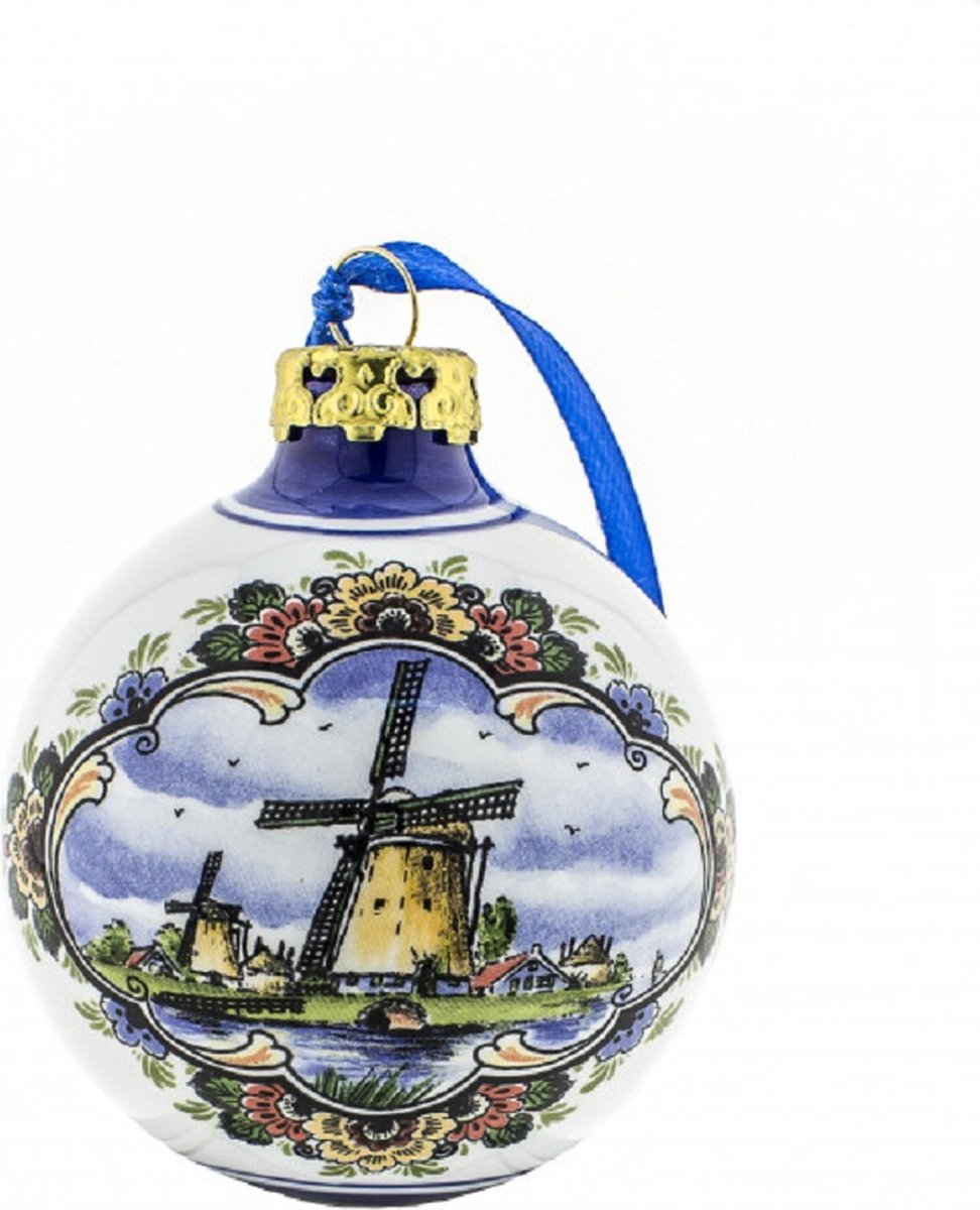 Kerstbal molen gekleurd groot | 2 stuks | Heinen Delfts Blauw | Souvenir