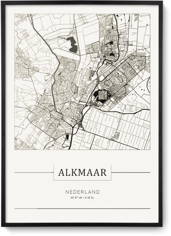 Stadskaart Alkmaar - Plattegrond Alkmaar – city map – muurdecoratie 30 x 40 cm in lijst