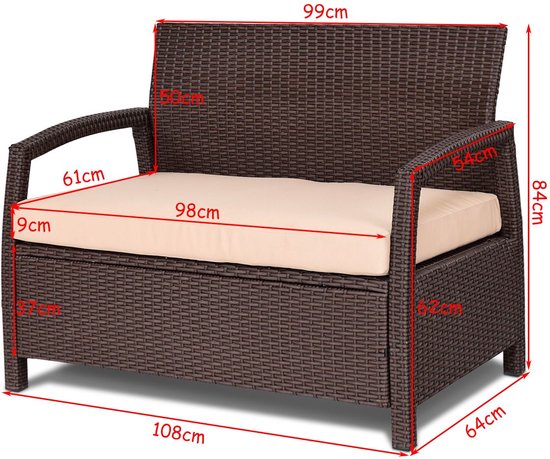 Outsunny 2-zits Tuinbank Van Polyrattan, Uv-bestendig, Met Armleuningen