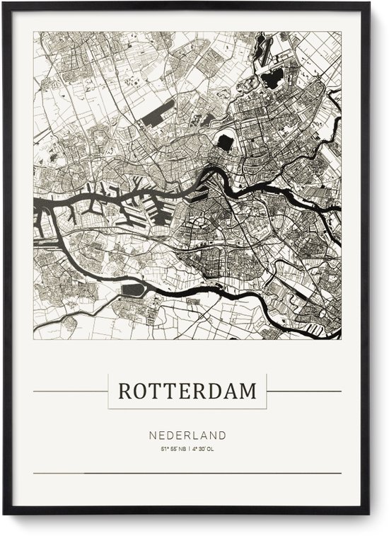 Stadskaart Rotterdam - Plattegrond Rotterdam – city map – muurdecoratie 30 x 40 cm in lijst