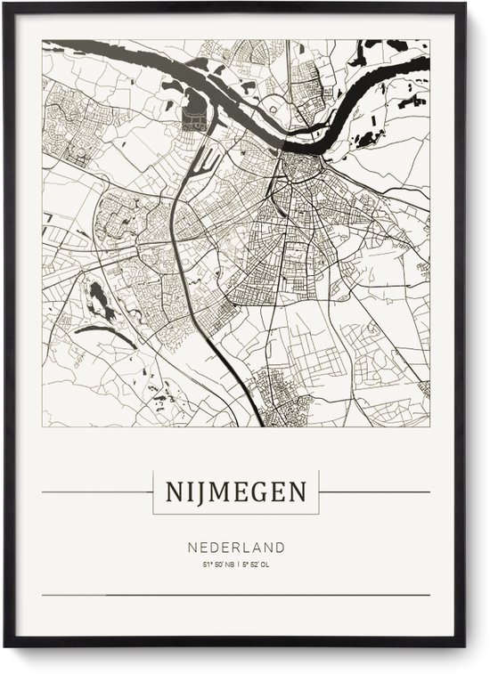 Stadskaart Nijmegen - Plattegrond Nijmegen – city map – muurdecoratie 30 x 40 cm in lijst