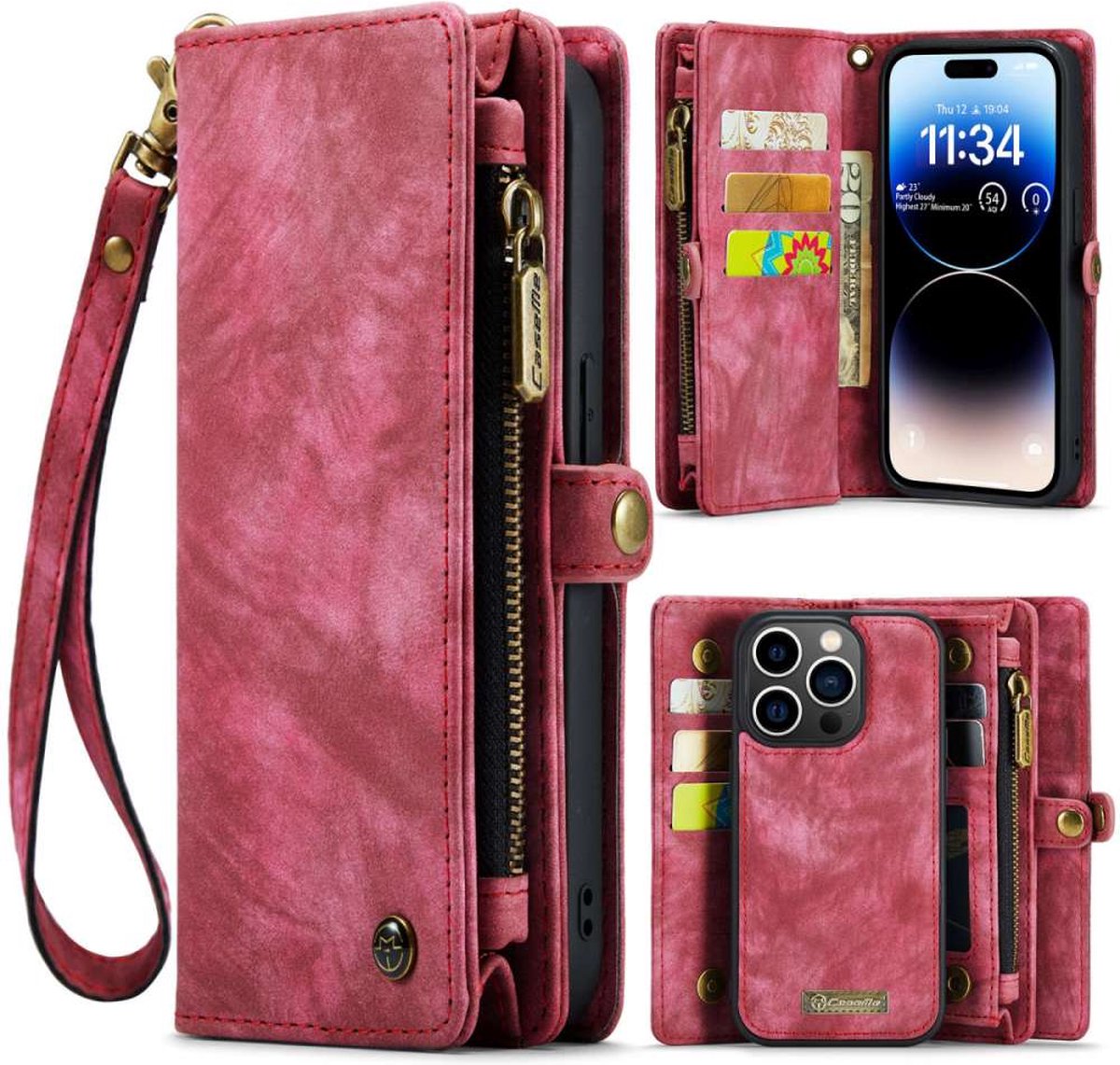 CASEME iPhone 14 Pro Vintage Portemonnee Hoesje - Red