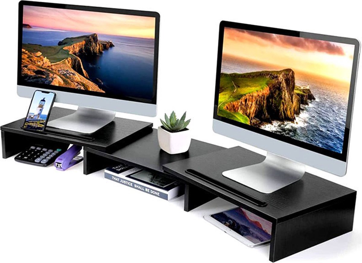 Houten dual monitor standaard zwart desk organizer monitor