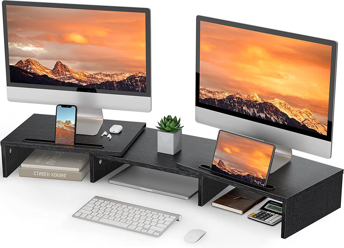 Houten dual monitor standaard - zwart - desk organizer - monitor verhoger - beeldschermverhoger - laptop monitorverhoger - bureaustandaard- monitorstandaard - desk shelf