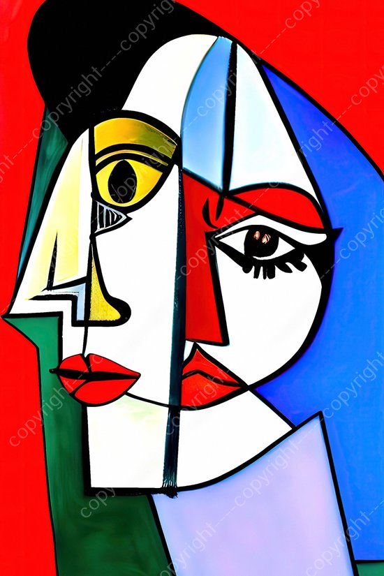JJ-Art (Glas) 60x40 | 2 Vrouwen - abstract - kleurrijk - kunst - woonkamer, slaapkamer | picasso stijl, rood, wit, blauw, geel, groen, modern | Foto-schilderij-glasschilderij-acrylglas-acrylaat-wanddecoratie | KIES JE MAAT