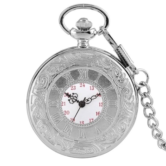 Fako® - Zakhorloge - Pocket Watch - XXL - Roman Open - Ø 47mm - Zilverkleurig