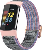 By Qubix - Geschikt voor Fitbit Charge 5 - Fitbit Charge 6 - Elastisch nylon bandje - Roze - Smartwatch Band - Horlogeband - Polsband