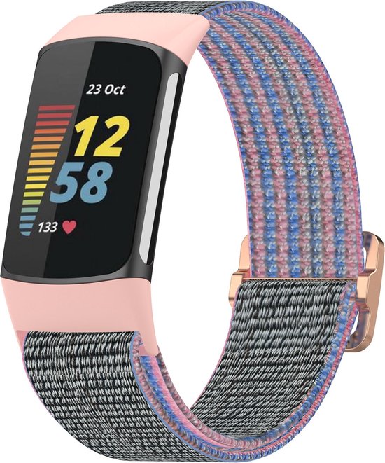 By Qubix - Geschikt voor Fitbit Charge 5 - Fitbit Charge 6 - Elastisch nylon bandje - Roze - Smartwatch Band - Horlogeband - Polsband