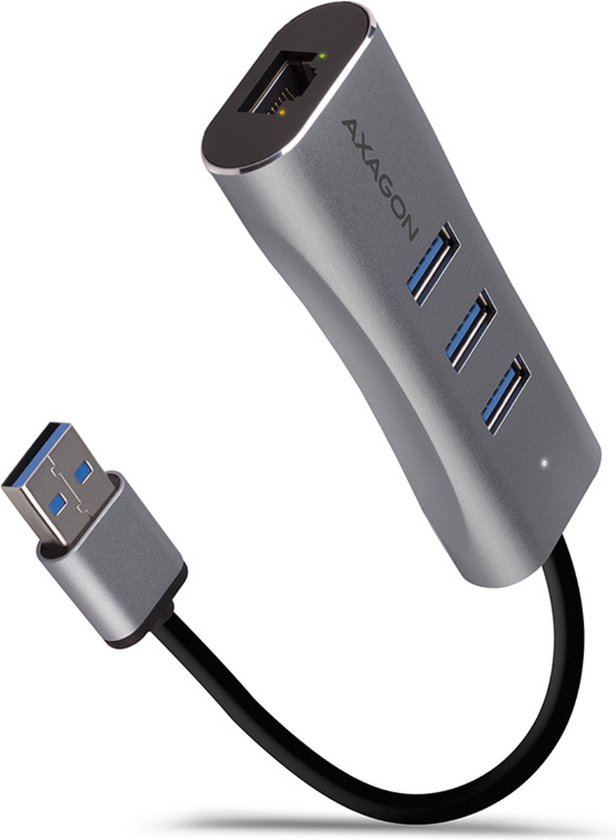 AXAGON HMA-GL3AP 3x USB-A + GLAN, USB3.2 Gen 1 hub, metal, micro USB power, 20cm USB-A cable *USBAM *USBAF *RJ45F