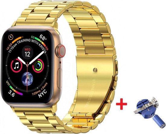 Luxe Metalen Armband Geschikt Voor Apple Watch Series 1/2/3/4/5/6//7/8/SE 42/44/45 mm Horloge Bandje - 42mm/44mm/45mm iWatch Schakel Polsband Strap RVS - Wristband Met Inkortset - Schakelband Stainless Steel Watchband - One-Size - Goud Kleurig
