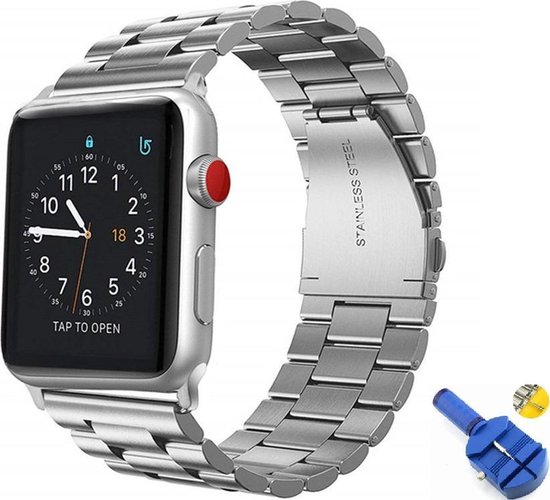 Luxe Metalen Armband Geschikt Voor Apple Watch Series 1/2/3/4/5/6//7/8/SE 42/44/45 mm Horloge Bandje - 42mm/44mm/45mm iWatch Schakel Polsband Strap RVS - Wristband Met Inkortset - Schakelband Stainless Steel Watchband - One-Size - Zilver Kleurig