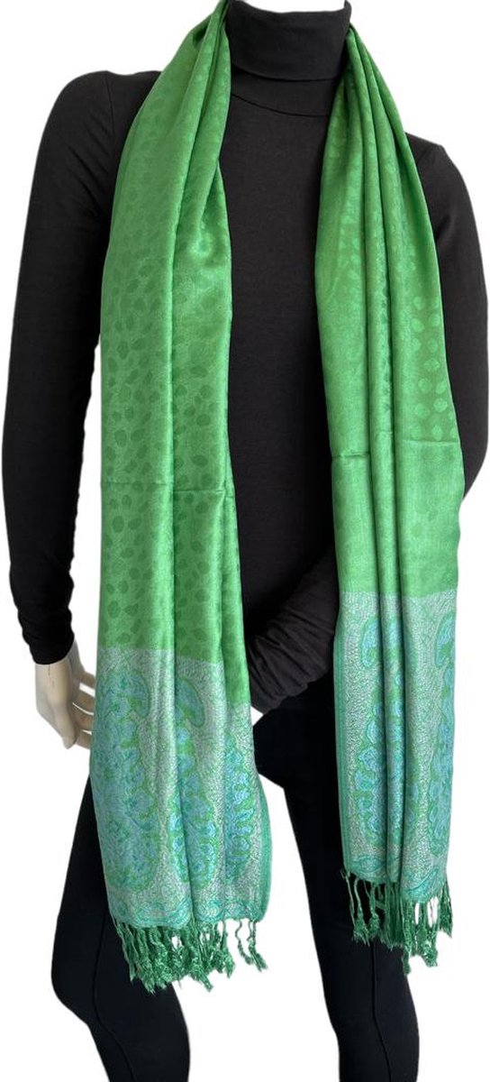 Sjaal- Luxe Dames Pashmina Sjaal- Zijde zacht Cashmere Sjaal- Fijn geweven omslagdoek 214/4- Groen met Details