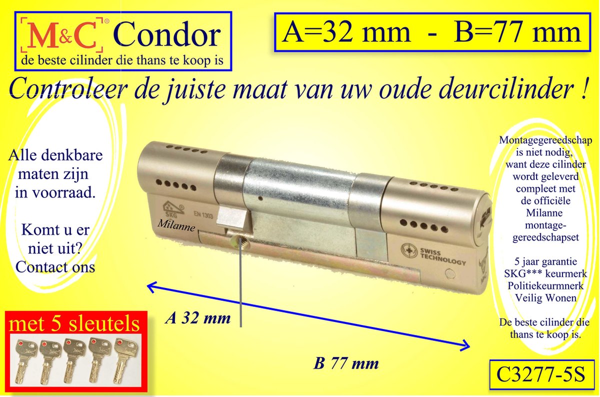 M&C Conder high-tech security deurcilinder 32x77 mm MET 5 SLEUTELS - SKG*** - Politiekeurmerk Veilig Wonen - inclusief MilaNNE gereedschap montageset
