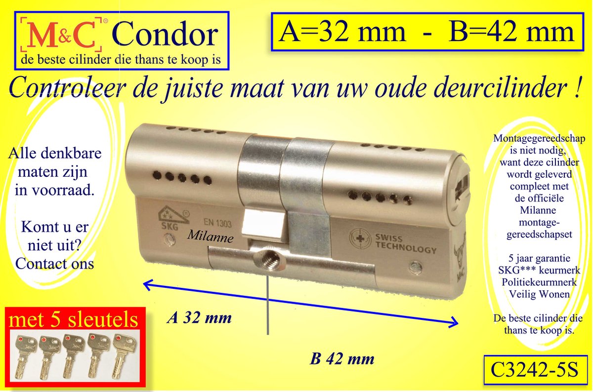 M&C Conder high-tech security deurcilinder 32x42 mm MET 5 SLEUTELS - SKG*** - Politiekeurmerk Veilig Wonen - inclusief MilaNNE gereedschap montageset