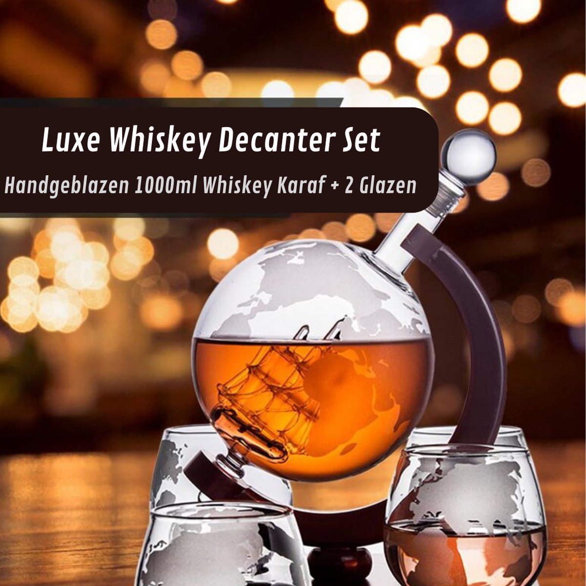 Thuys Luxe Whiskey Karaf - Whiskey / Wijn Decanter - Inclusief 2 Glazen - Wereldbol Design Whiskey Set
