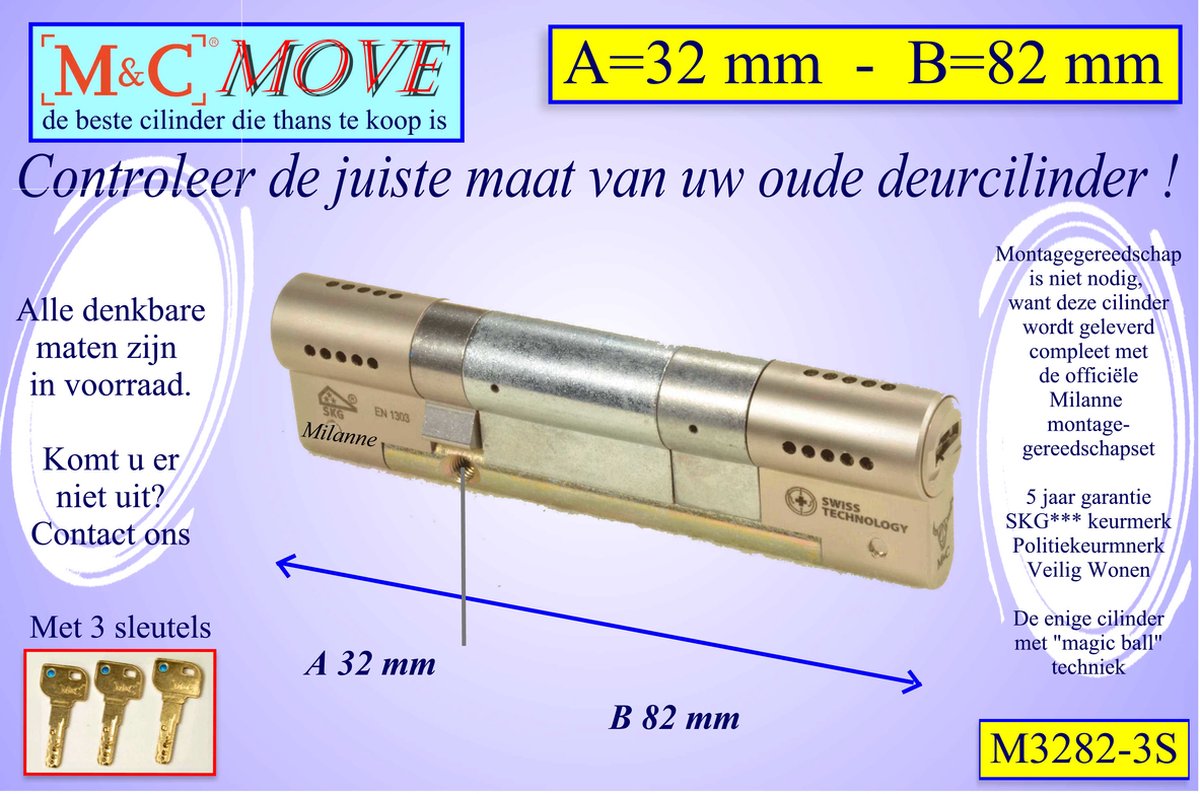 M&C MOVE - High-tech Security deurcilinder - SKG*** - 32x82 mm - Politiekeurmerk Veilig Wonen - inclusief gereedschap MilaNNE montageset
