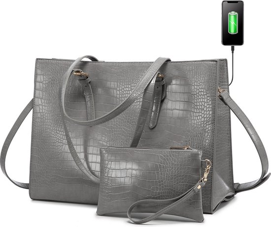 Lubellie® Crolina Tweedelige elegante Dames Handtassen set met een USB-oplaad poort - Dames laptoptas - Schoudertas - Een laptopvak voor 15,6 inch Laptops - Met gratis clutch - Grijs