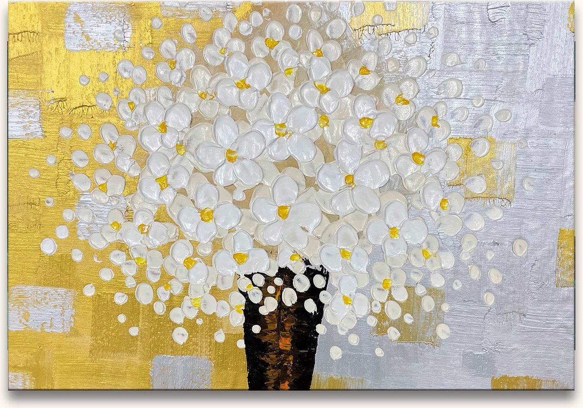 Handgeschilderd schilderij Olieverf op Canvas - Witte Bloemen in Vaas