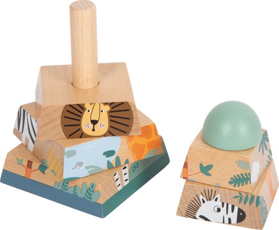 Ontmantelde houten stapeltoren met jungle dieren, losse onderdelen en een mintgroene halve bol.