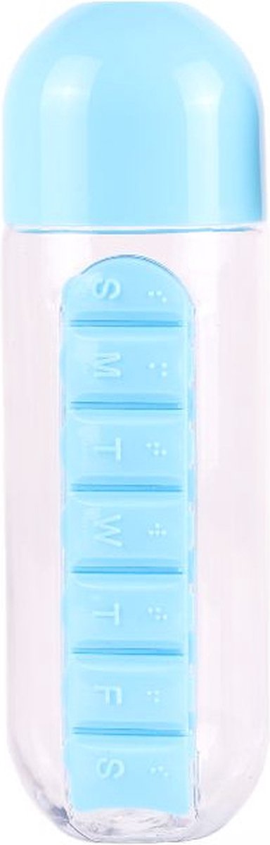 Waterfles met Uitneembaar Pillendoosje – 600 ml – 7 Vakken - Blauw – Vaatwasser bestendig