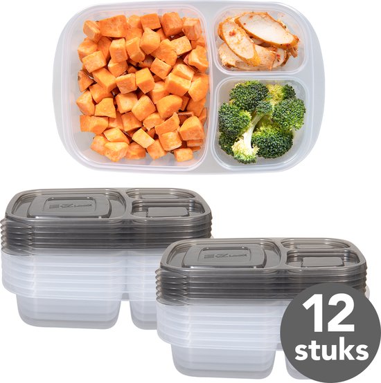 Relaxdays meal prep bakjes, set van 24, 1 vak, magnetron, vriezer, herbruikbaar, plastic maaltijdbakje met deksel, zwart