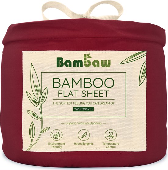 Laken de Bamboe | 240cm x 300 | Bourgogne | Drap de dessus 2 personnes | Drap plat ultra doux | Beddengoed de Luxe en Bamboe | Feuilles hypoallergéniques | Puur Bamboe Viscose Rayonne | Tissu Ultra respirant | Bambaw