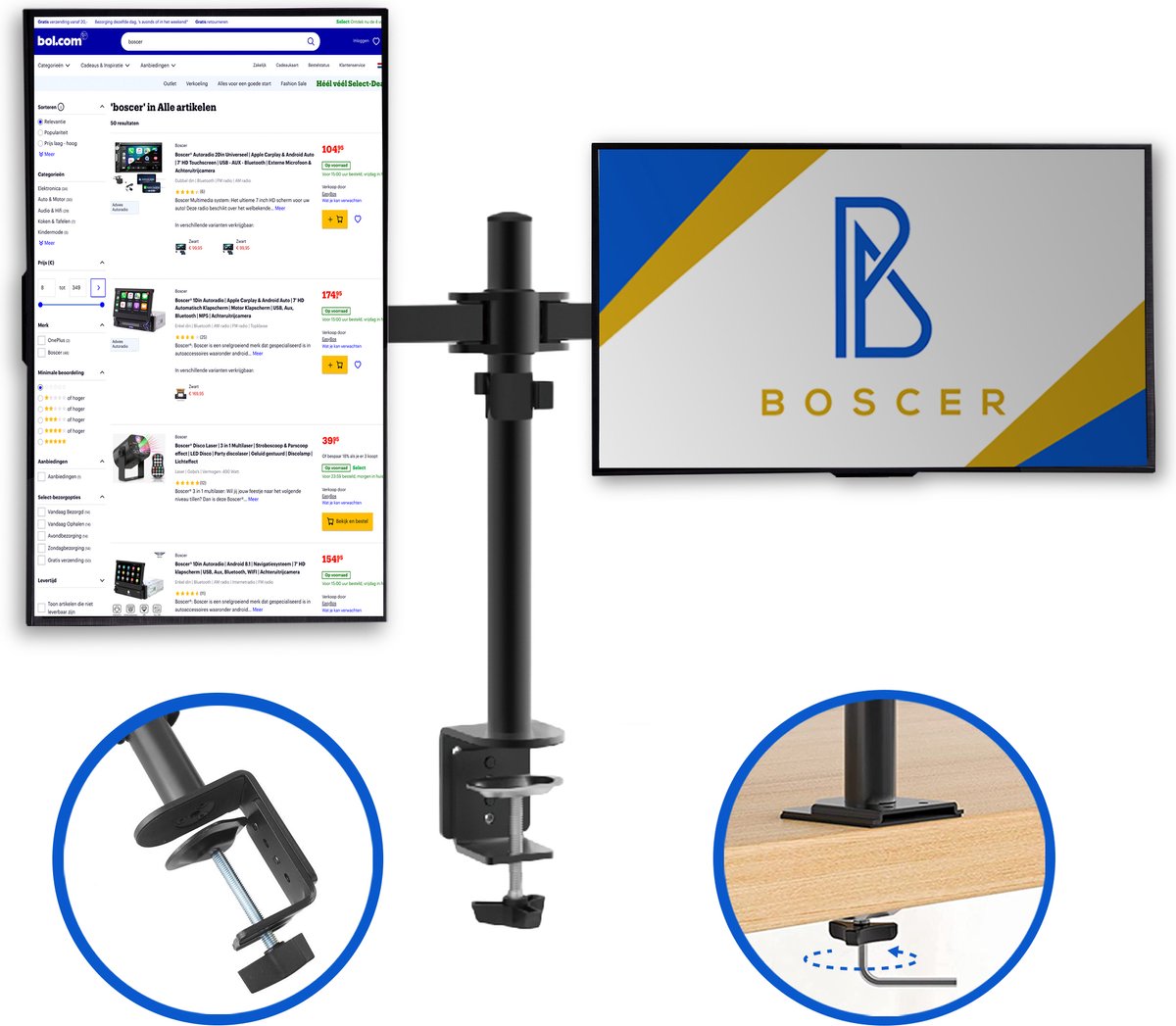 Boscer Monitor Arm - 2 Schermen - 13 tot 32 Inch - Dubbele Monitorstandaard - Beeldscherm Statief - Monitor Beugel - Zwart Staal