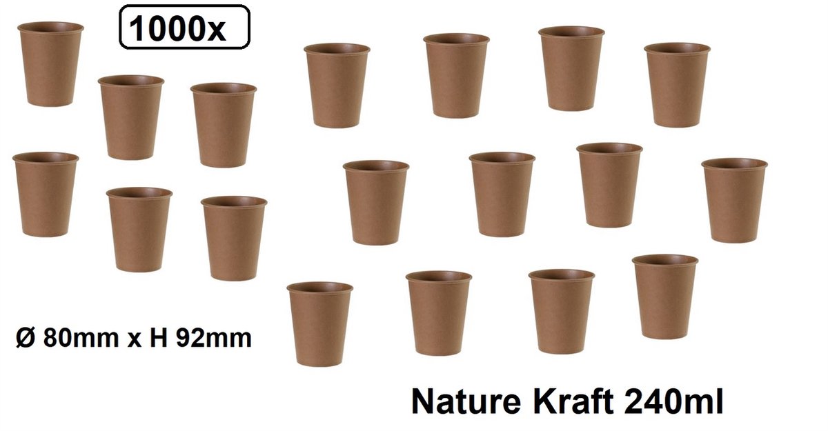 1000x Beker Nature Kraft 240ml bruin next generation - milieu kraft koffie melk suiker beker coffee to go