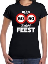Het is dubbel feest verjaardag t-shirt zwart voor dames - Cadeau shirt - 50 jaar / Sarah L